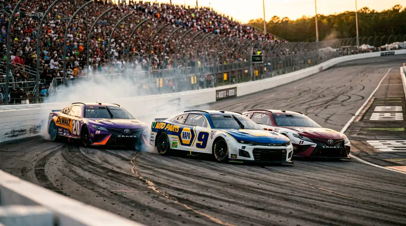 NASCAR Cup Series cars racing in a tight pack at high speed on an oval track