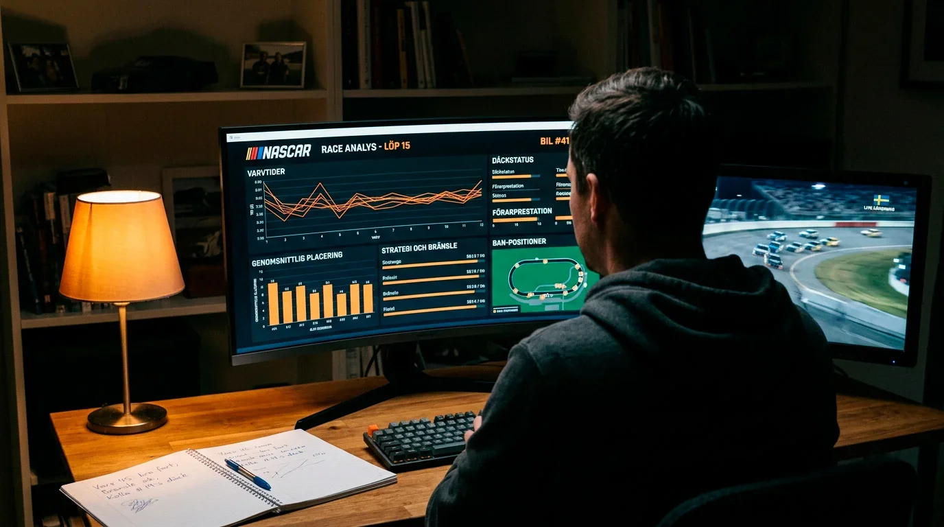 Analytiker studerar NASCAR loop data och träningsresultat på en skärm inför ett race