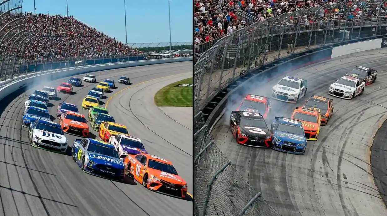 NASCAR-bilar på en superspeedway i pack racing jämfört med tätt racing på en kort bana